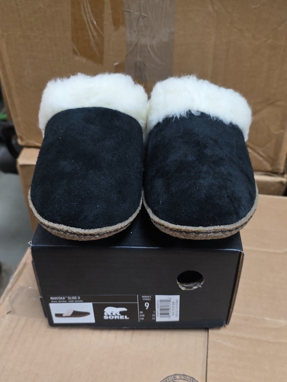 Sorel Womens Nakiska Slide Black Slippers with White Shearling Collar
